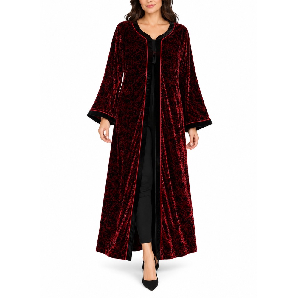 Santé Robe Womens Large Red Velvet Floral Zip Front Kaftan Housecoat Lounge